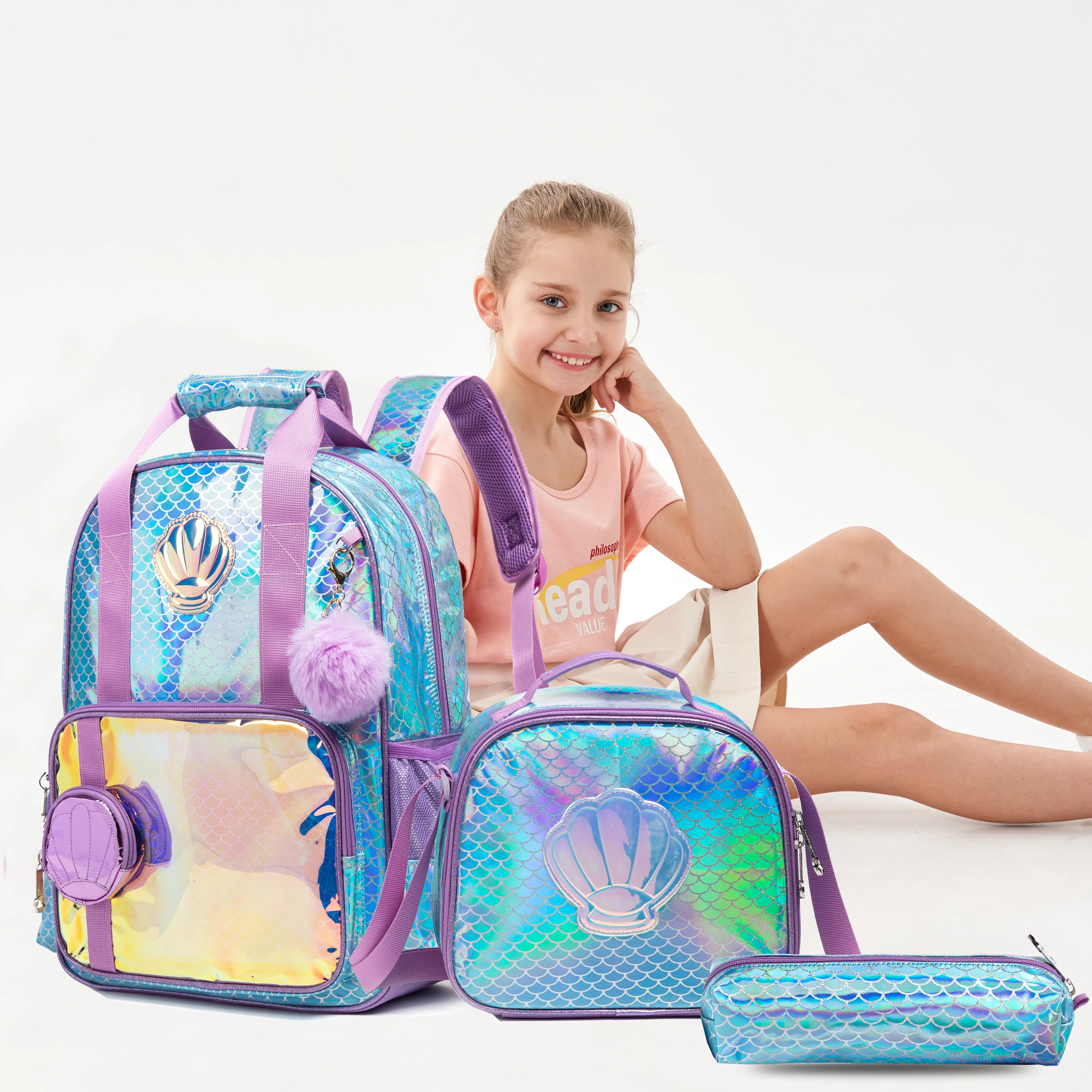 Mermaid Backpack for Girls Backpacks with Lunch Box Set for Big Teen Girls School Bag 17inch Full Size for Elementary Student