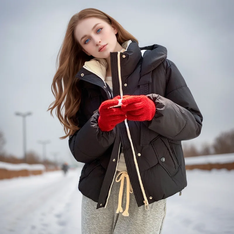 Spliced Lady's Winter Parka Jacket Solid Color Single Breasted Hooded Loose Fit Female's Padded Coat Slouchy-Style Top For Women