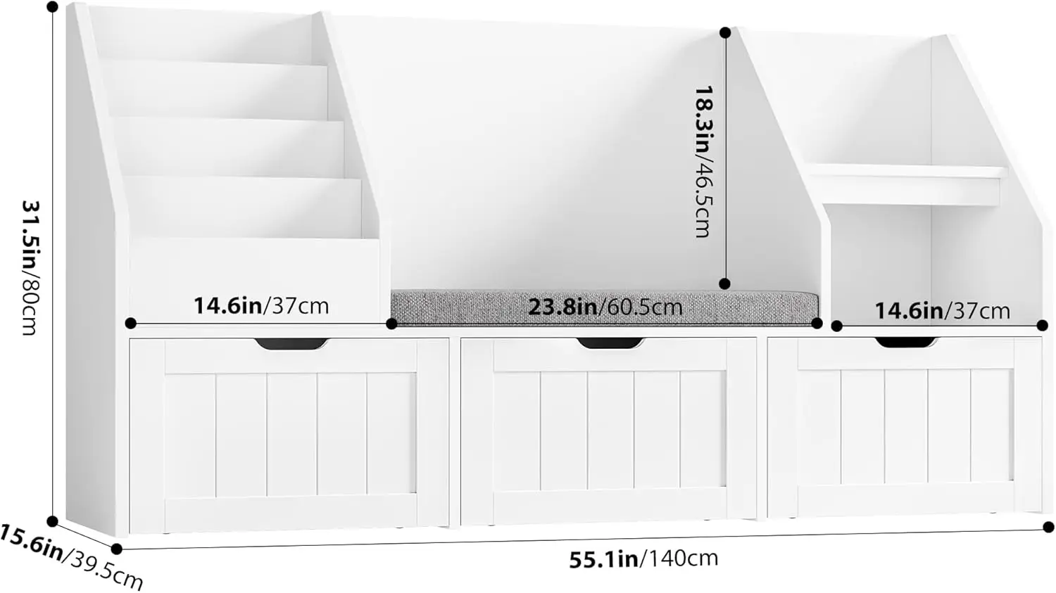 55.1’’ Kids Bookshelf with Reading Nook, Toy Storage Organizer with Seat Cushion and 3 Movable Drawers, Kids Reading