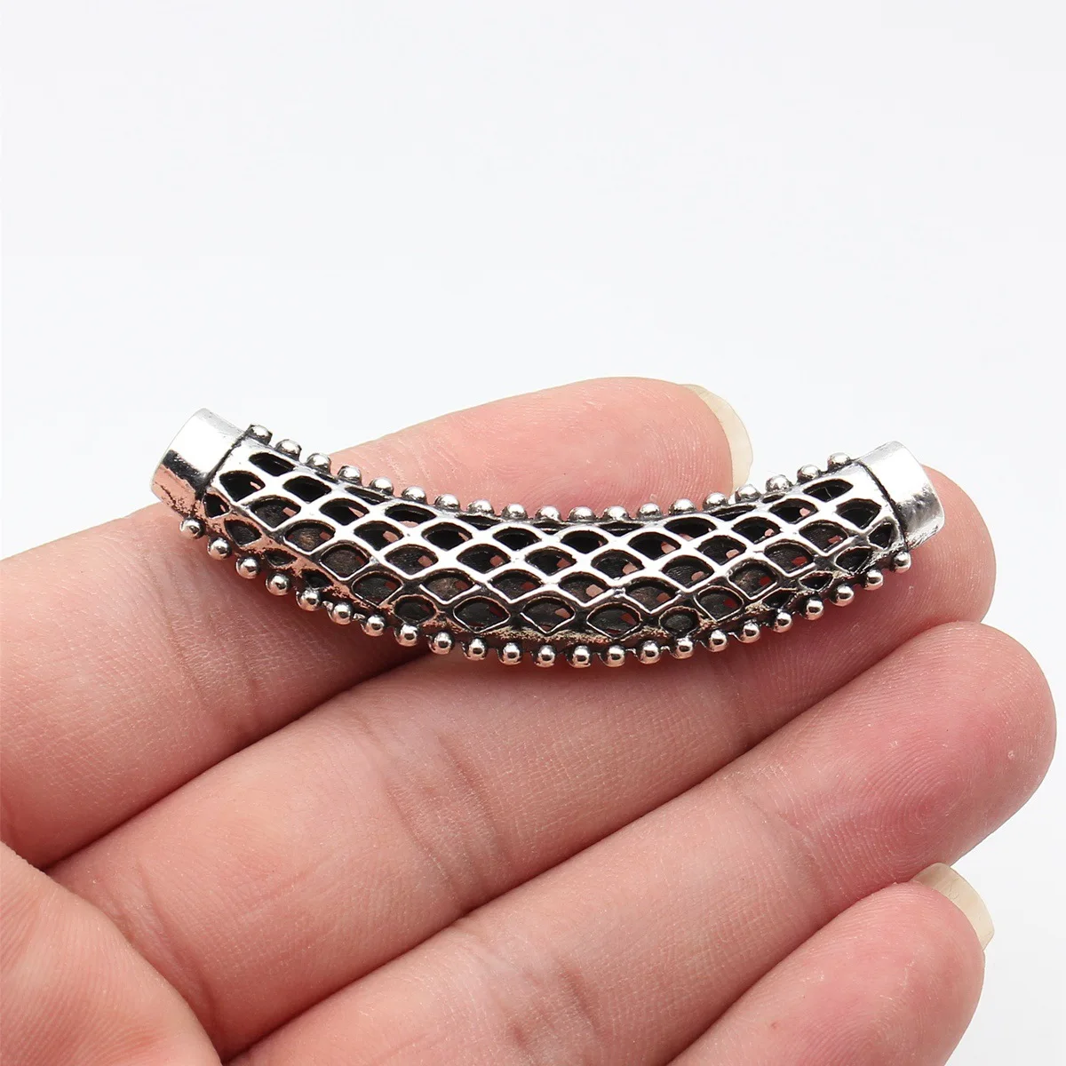2pcs 65x14x8mm Antique Silver Color Hollowed-Out Rhombus-Patterned Bent Pipe DIY Jewelry Accessories Bulk