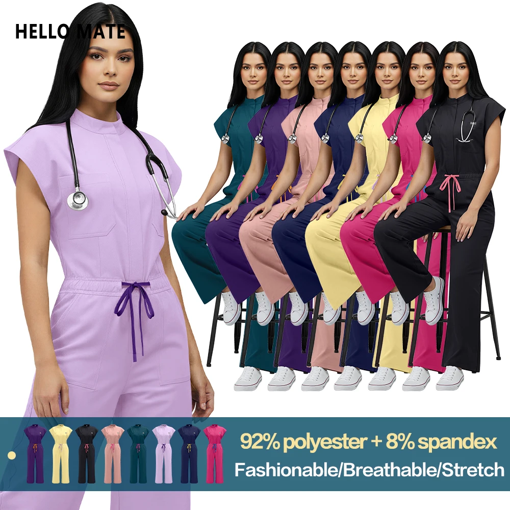 Hospital Scrubs Suit Women's Medical Nurse Uniforms Stand Collar Waist-Cinching Multi-Functional Beauty Store Workwear Ensemble
