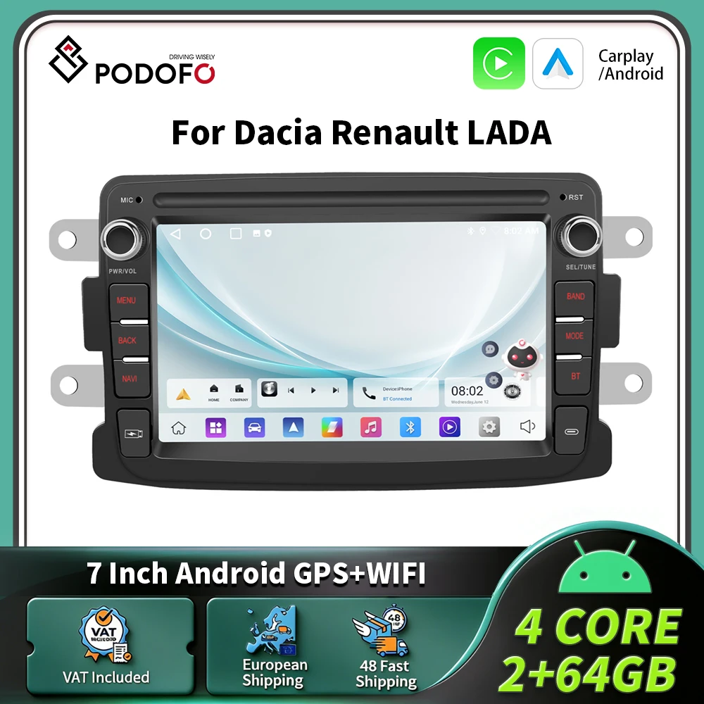 Podofo per Dacia Renault LADA Autoradio 7'' con Carplay Android Auto, Sistemi Intelligenti per Auto, MirrorLink, Navigazione GPS, Lettore Multimediale, WIFI, FM, BT, Stereo 2DIN