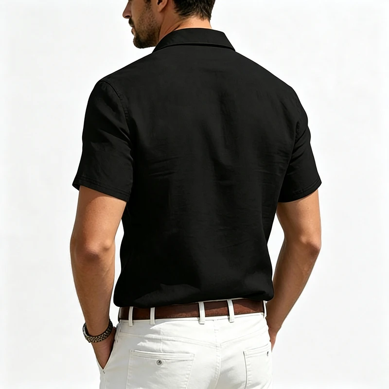 Men's Linen Button Up Short Sleeve Shirt Lapel Collar Lightweight Breathable Double Chest Pocket Summer Beach Daily Casual Tops
