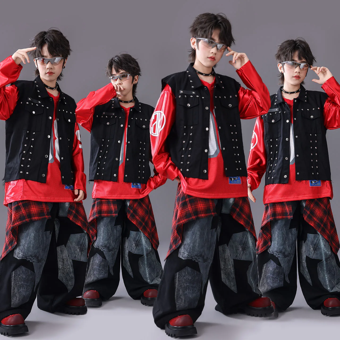 طفل Kpop الهيب هوب الملابس السوداء برشام سترة حمراء البلوز الدنيم طباعة واسعة الساق الجينز السراويل للفتيات الفتيان أزياء رقص الشارع #2