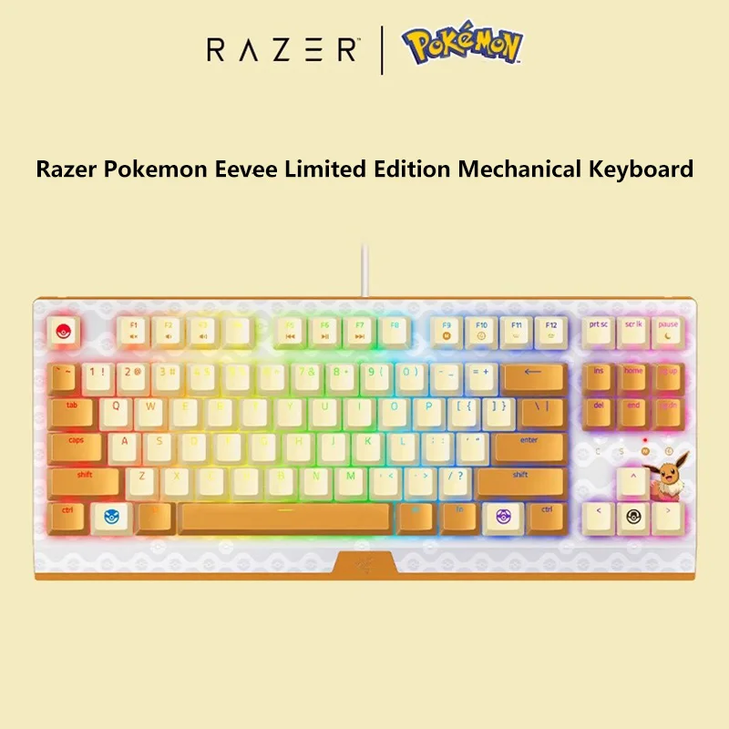 

Клавиатура Razer Pokemon Eevee, ограниченная серия, черная вдова V3, беспроводная, 87 клавиш, компактная Механическая игровая клавиатура с зеленым переключателем