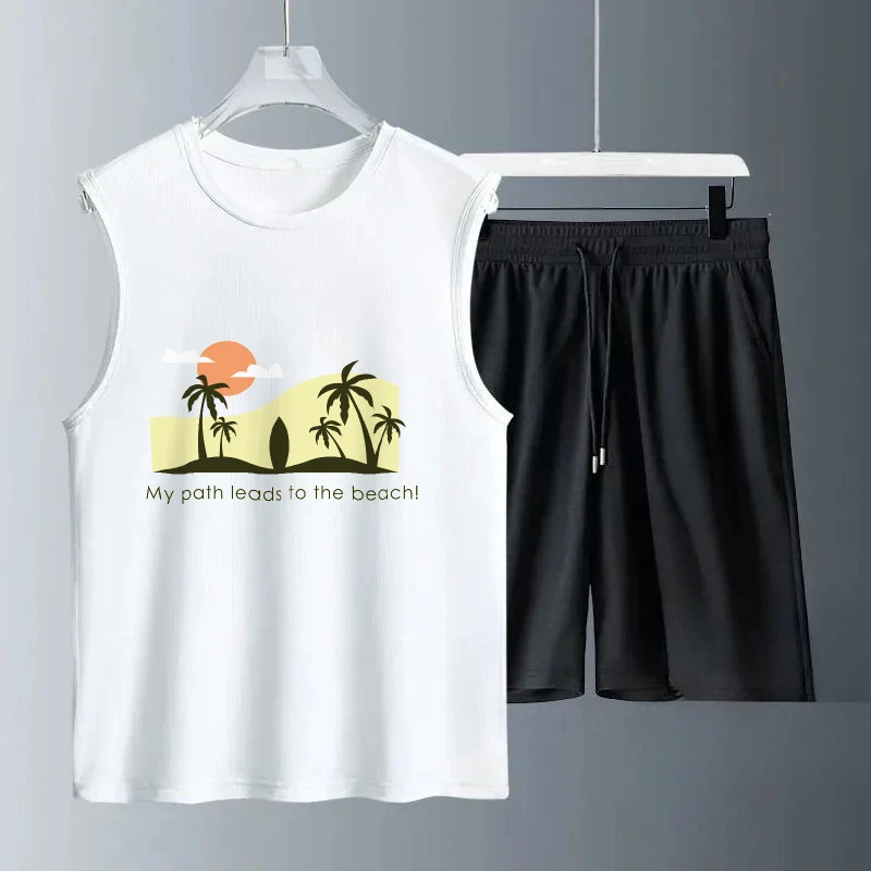 2025 الرجال الصيف موجة الغروب نمط طباعة أكمام مجموعات غير رسمية تنفس الزي اليومي مريحة المألوف الدعاوى الصالة الرياضية مجموعات