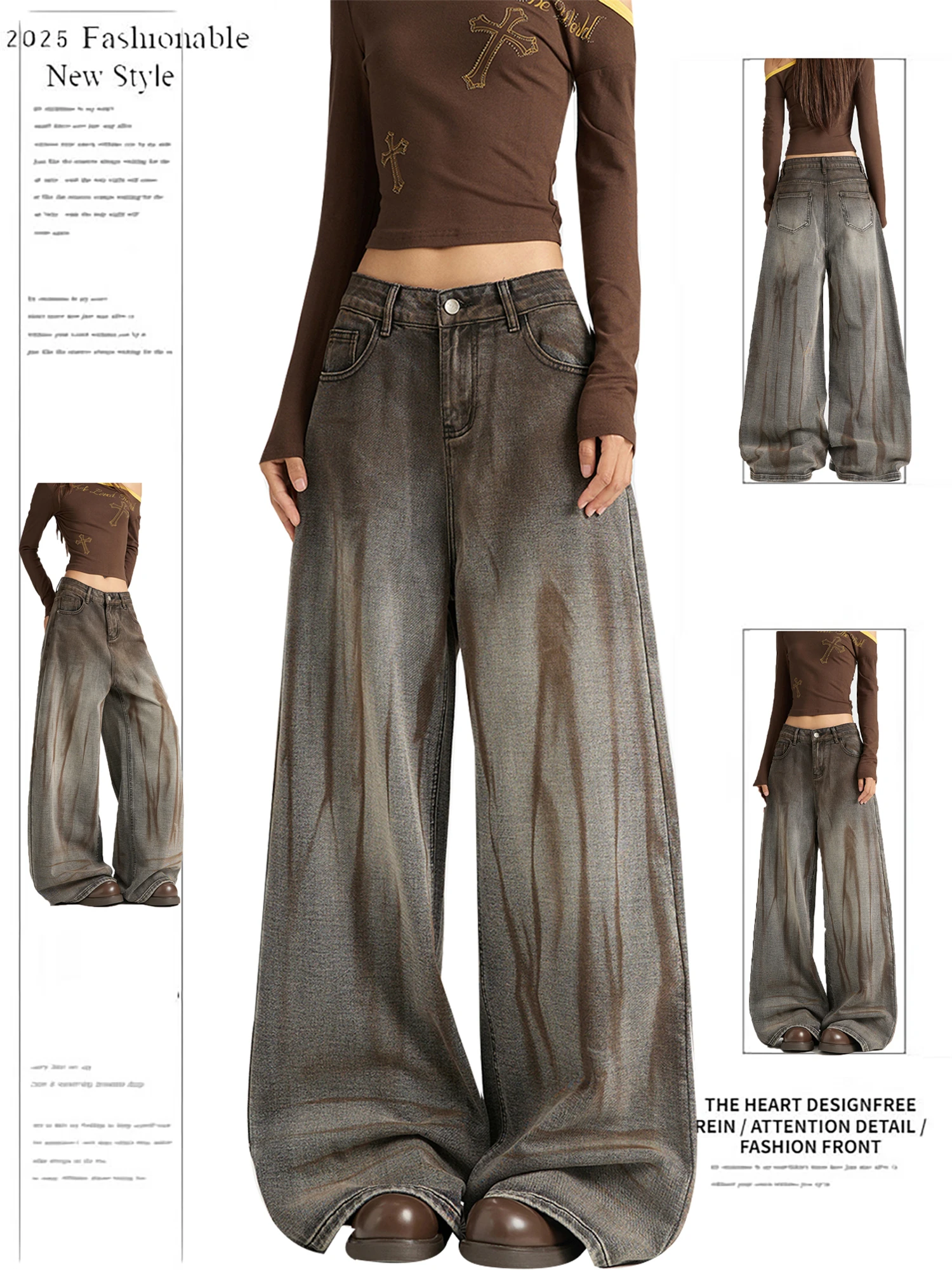 

Y2K Women's High Waist Wide Leg Jeans Vintage Washed Brown Gradient Textured Loose Fit Denim Pants Streetwear Fashion Trousers