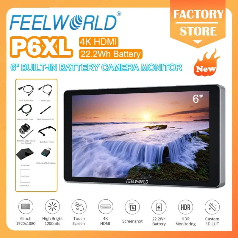 

FEELWORLD P6XL 6-дюймовый полевой монитор для камеры, алюминиевый корпус, встроенный аккумулятор, 4K HDMI, высокая яркость, 1200nit