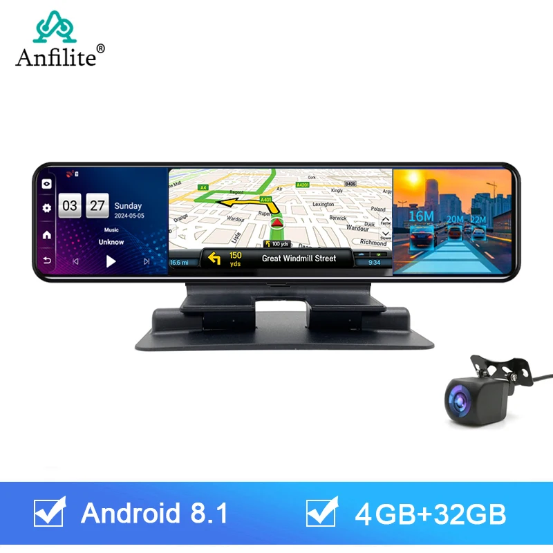 듀얼 렌즈 4G 미러 DVR, 안드로이드 8.1 대시 캠, ADAS, GPS 네비게이션, 자동차 카메라 녹음기, 12 인치 RAM, 2G ROM, 32G, 1080P 