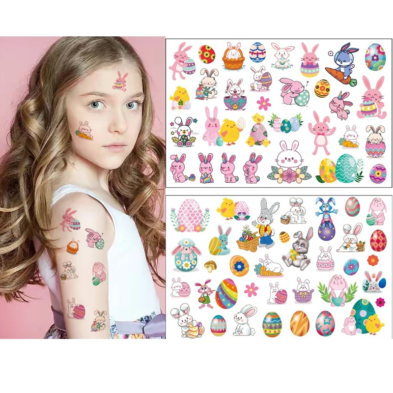 10 Sheets Easter Temporary Tattoos Kids Party Supplies Bunny Egg Rabbit Stickers Easter Basket Stuffers Egg Fillers Gift DIY