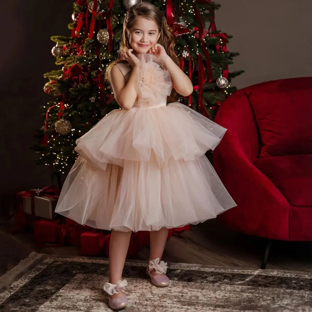 Custom Flower Girl Dress, Light Champagne Tulle, Multi-Layer Flowers, Sleeveless, Suitable for Birthday Parties, Proms, and Banq