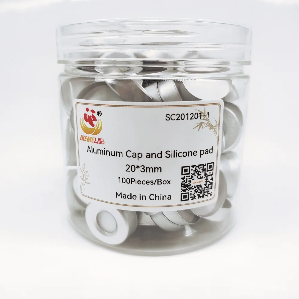 IKEME 100 Pieces 20*3mm Nature PTFE / Nature Silicone Septa,Crimp top Aluminum Cap,10mm Center Hole For 10ml 20ml Vial