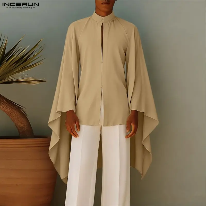 INCERUN الرجال قميص بلون الوقوف طوق مضيئة طويلة الأكمام الرجال الملابس الذكور العباءات الشارع الشهير فضفاض موضة ملابس الرجال عادية #1