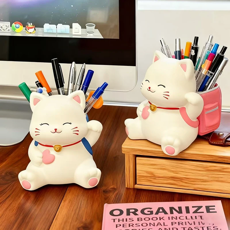 Creative Cute Cat Pen Holder Resin Smiling Kitty Ornament Home Storage Ornament Office Desktop Decoration Commemorative Gifts