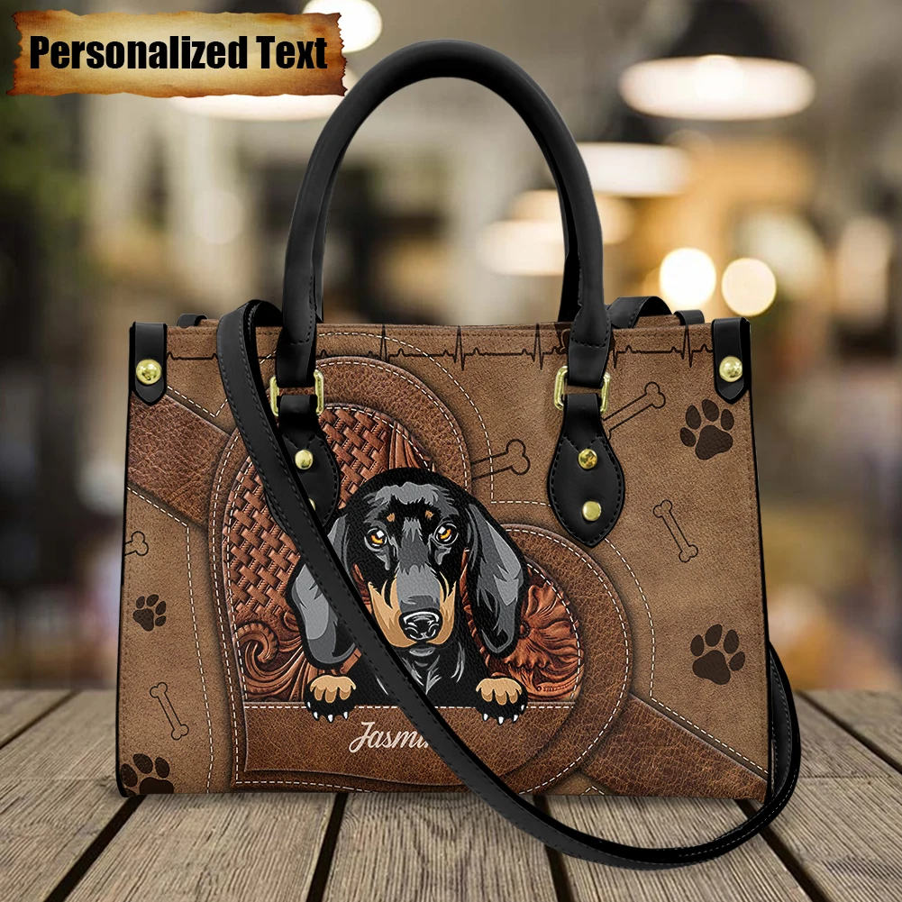 

Leather Shoulder Bags for Woman Personalized Name Cute Dachshund Dogs Print Casual Handbags Brand Design Luxury Totes Bag Bolsos