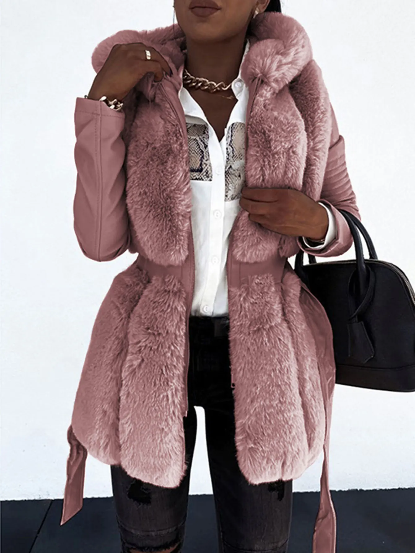 معطف نسائي طويل للخريف والشتاء، ياقة من الفرو عادي، خصر، ملابس خارجية يومية بأكمام طويلة