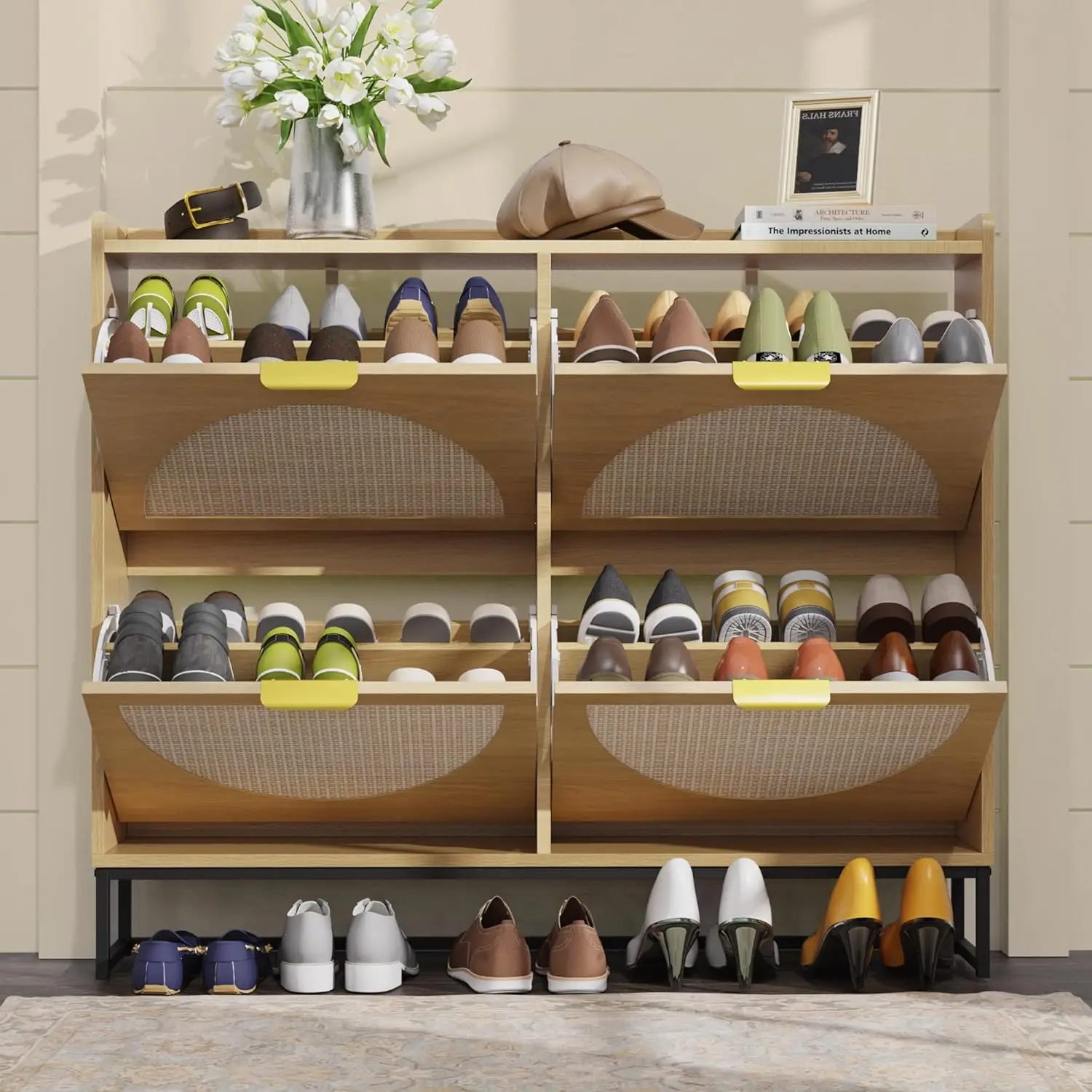 

Rattan Shoe Cabinets, Wooden Shoe Storage Cabinet with 4 Flip Drawers, Narrow Shoes Cabinet with Metal Legs for Entryway
