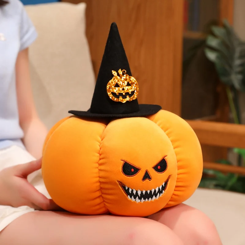 25/35CM Halloween Pumpkin Plush Pillow Cute Stuffed Toy with Witch Hat Soft Throw Cushion for Home Decor and Party