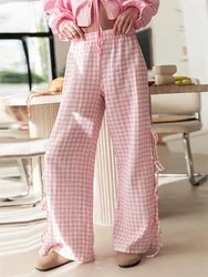 Women Y2K Wide Leg Pants Plaid/Stripe Print Side Tie-Up Loose Trousers Summer Casual Bottoms Aesthetic Streetwear Homewear