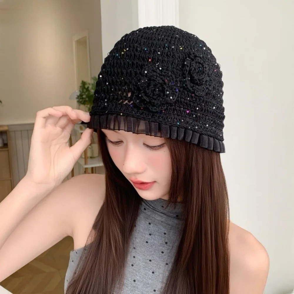 عارضة اليدوية زهرة كروشيه قبعة الجوف خارج بريق الترتر محبوك قبعة الكورية رقيقة الدانتيل قبعة صغيرة في الهواء الطلق