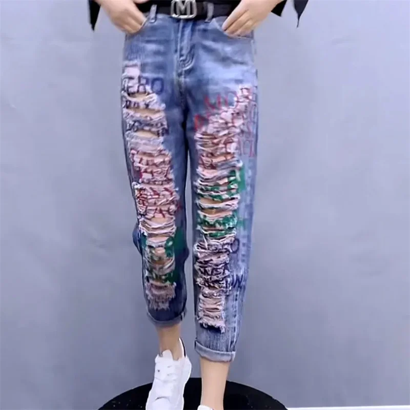 

2024 Spring Summer Plus Size Jeans Fashion Harem Pants Light Blue Loose Slim Flower Print Casual Temperament Hole Denim Pants