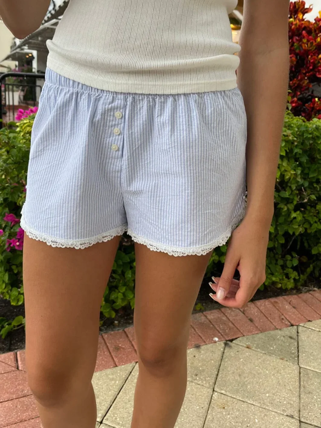 Blue Stripes Cute Shorts Woman Fashion Lace Trim Buttons Elastic High Waist Straight Short Pants Sweet Casual Y2k Girl Underwear