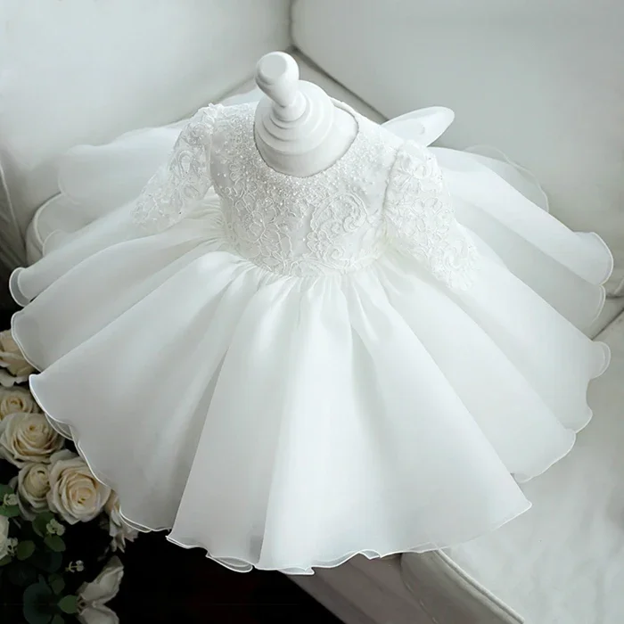 Sequin White 1st Birthday Dress For Baby Girl Clothes Long Sleeve Newborn Girl Baptism Dress Mesh Princess Party Ball Gown