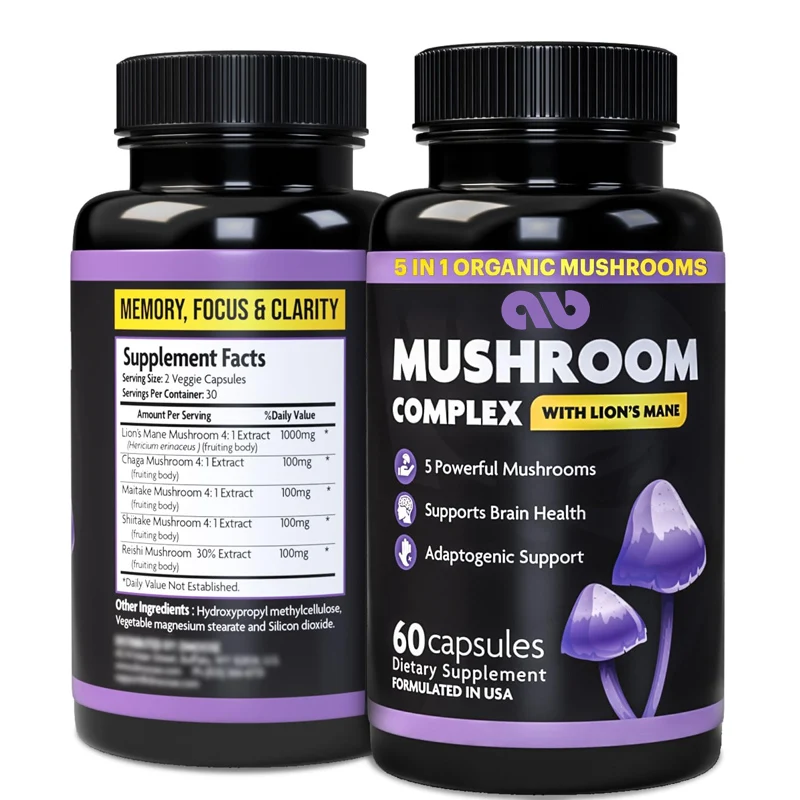 5-in-1 Organic Mushroom Complex - Non GMO and Vegetarian Lion Mane Mushroom Supplement, 60 Capsules