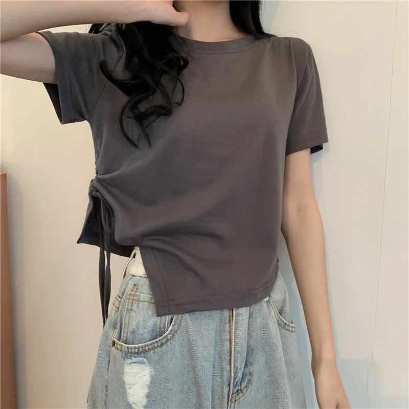 Slit Bandage V Neck Sexy Crop Top Women Korean Casual Summer New Short Sleeve T-shirt Y2K Streetwear Trendy Top for Women