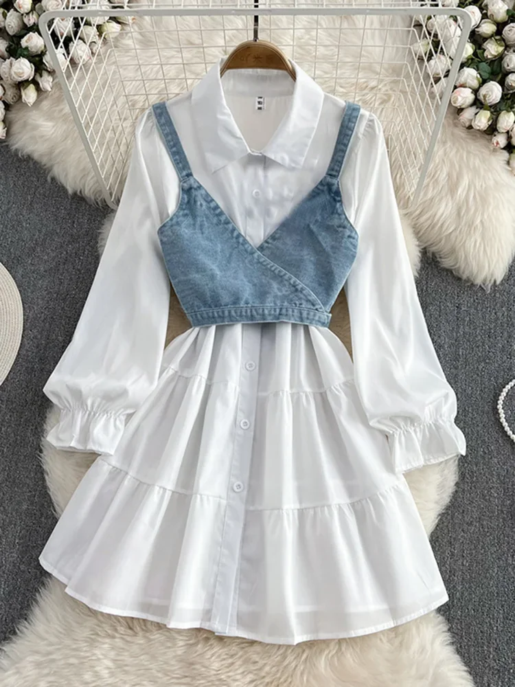 Spring Autumn Cowboy Waistcoat Shirt Dress Female Elegant Length Sleeve White Shirt Dress Waistcoat Women\'s Two-piece Set GD781