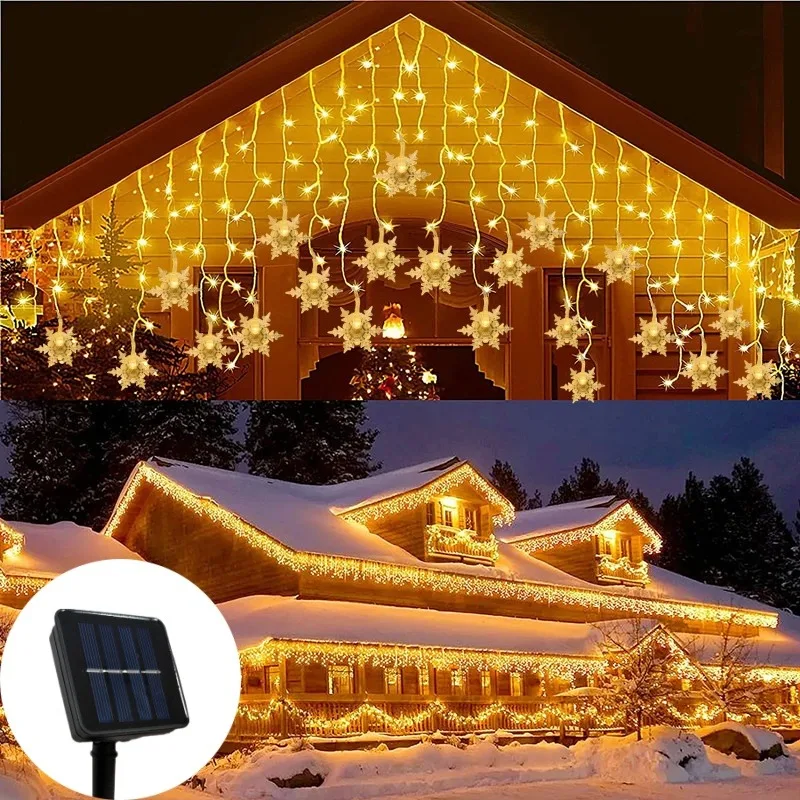 Solar LED Curtain Light Outdoor Garland Solar Fairy String Light Snowflake Lamps for Garden Yard Wedding Party Holiday Decor