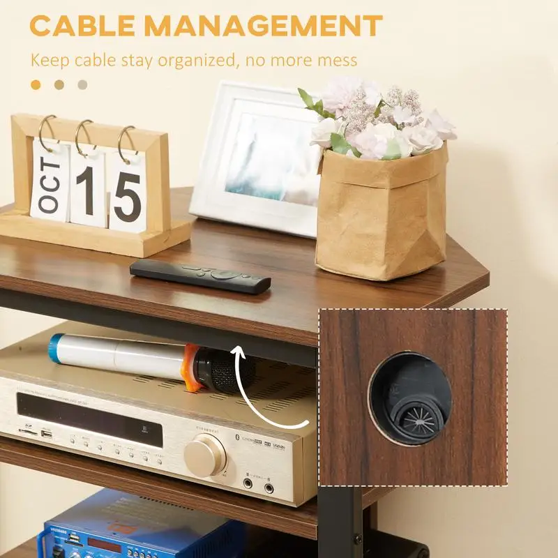 Corner TV Stand with Storage Shelves and Steel Frame, Audio Media Storage for Living Room, Brown Finish