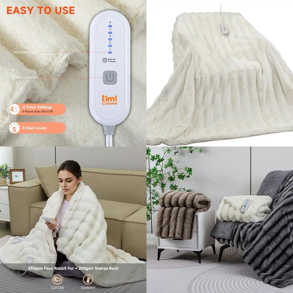 

62x84 Twin Size Electric Heated Blanket with 5 Levels & Auto-Off, Plush Faux Fur, Cream