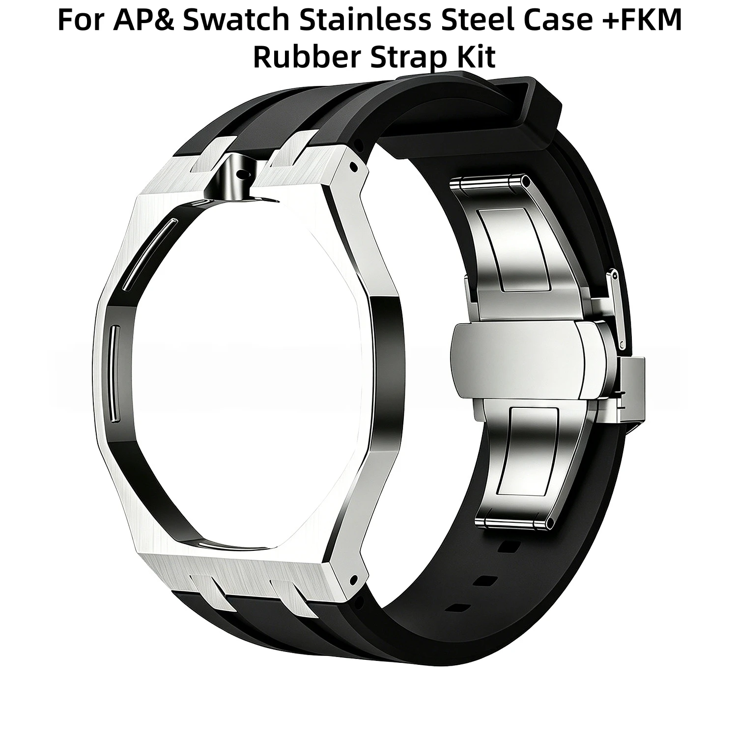 316L Edelstahlgehäuse mit FKM-Gummi-Uhrenarmband-Set für Swatch X AP Royal POP mit Faltschließe und Wechsel-Kit für 3/12 Uhr – Detail 3