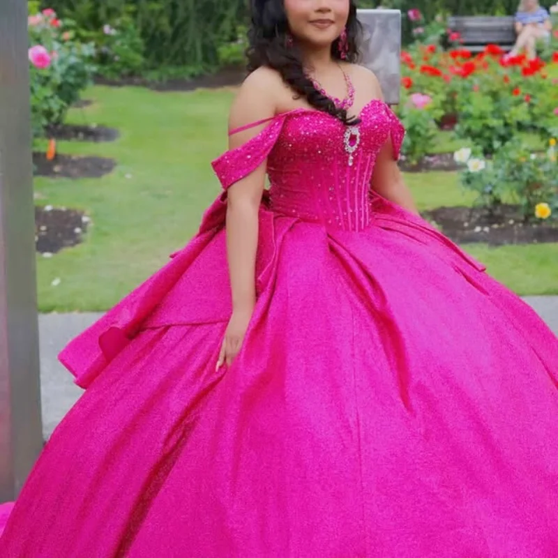 

Shiny rose pink Quinceanera Dress crystal glitter Decal Long tail beading Lace Bow Vestidos De 15 Quinceanera ﻿Customize