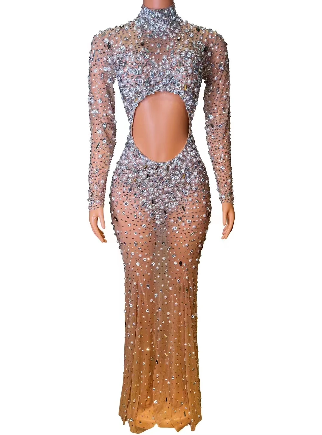 

Sexy Brilliant Nightclub Bar Female Singer FullDiamond Mesh Perspective Hollow Long SleeveWrapped Hip Model Performance A416