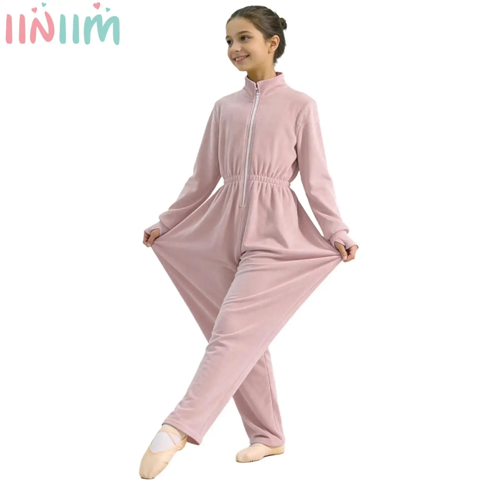 

Детский флисовый комбинезон для девочек с воротником-стойкой и длинными рукавами, боди с эластичной резинкой на талии, уютный домашний наряд для танцев и репетиции