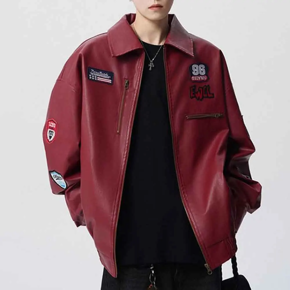 

Winter Men's Embroidered Leather Long-Sleeved Jacket American Retro Fashion Trend High Street Loose Casual Niche Men's Tops 2025