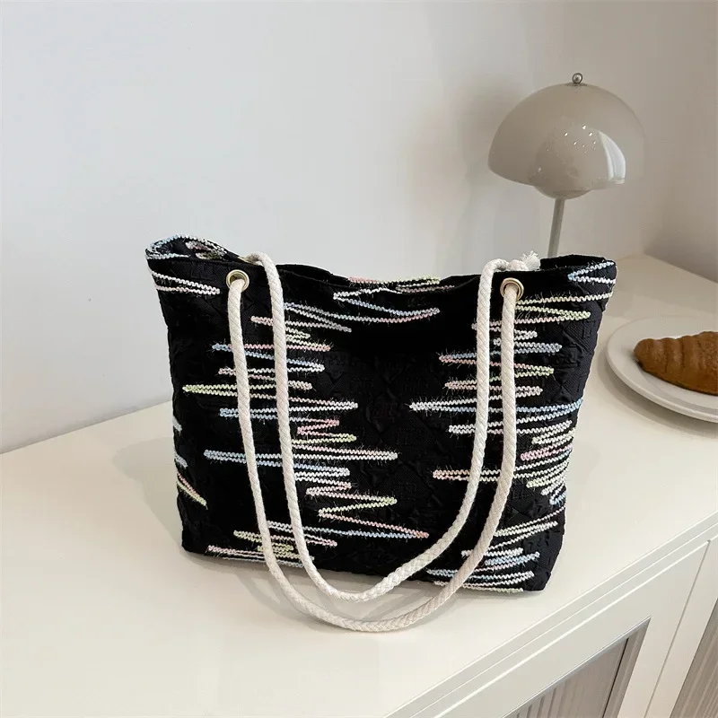 Student class canvas bag women's new summer shoulder bag striped large-capacity commuter tote bag