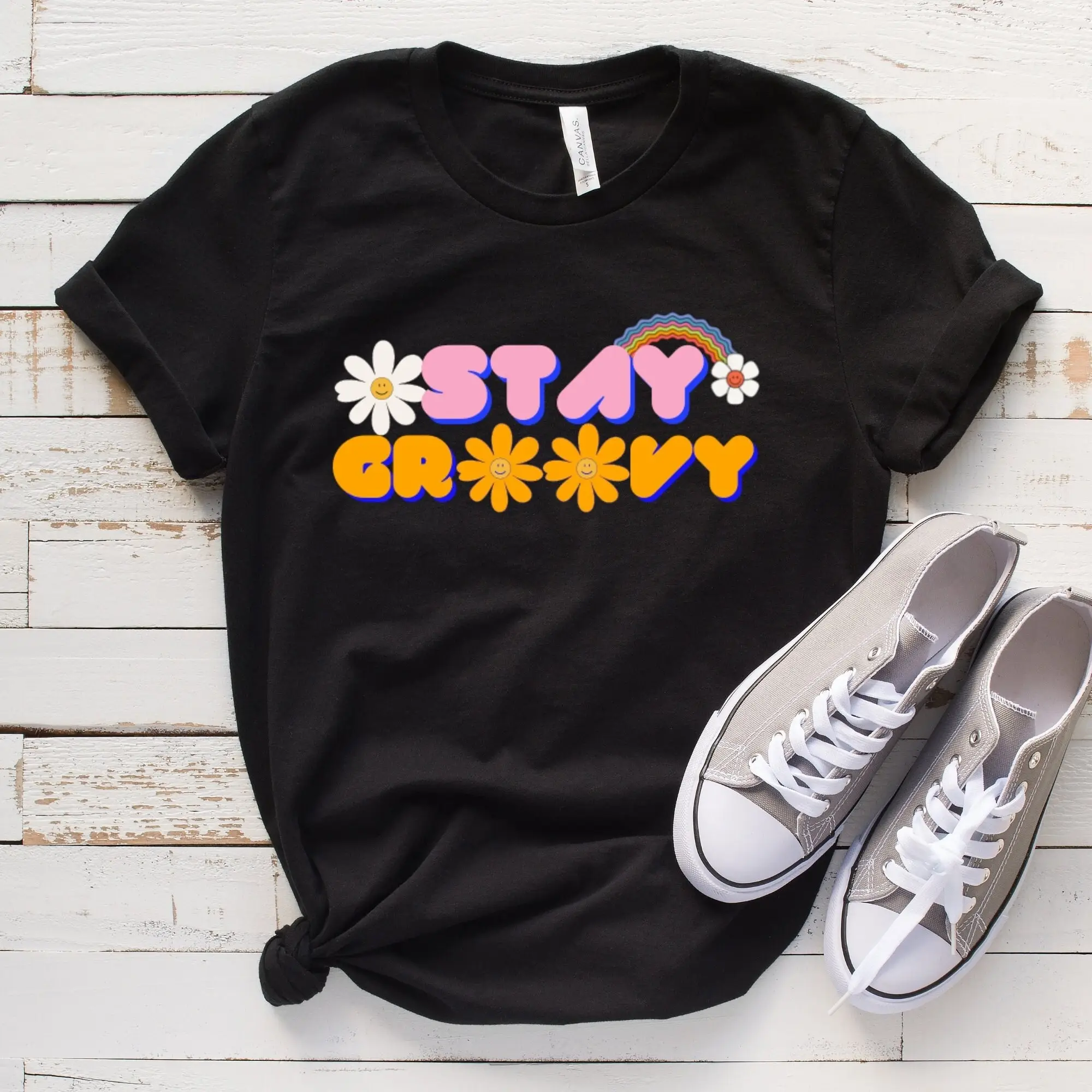 

Retro Stay Groovy T shirt Rainbow Hippie Bohemian Girls weekend Womens Vintage