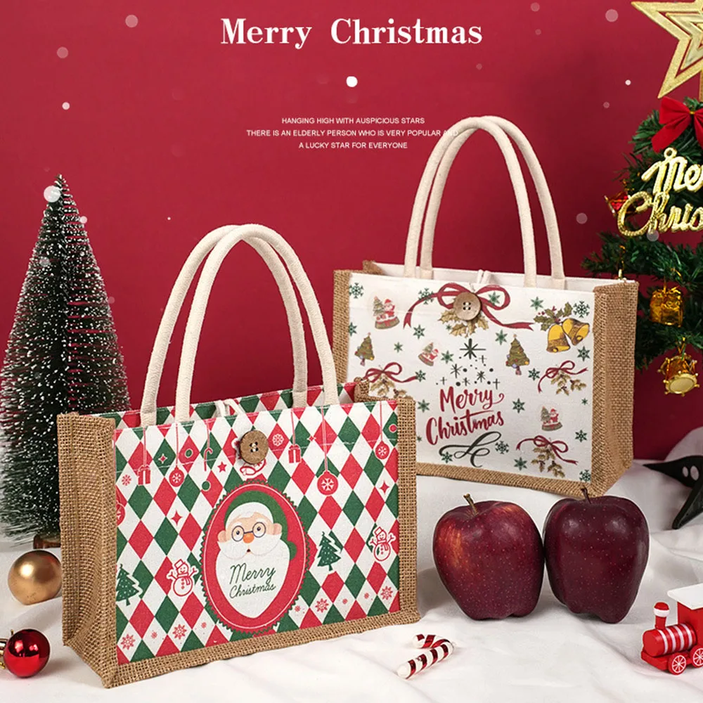 

Christmas Tote Bags Santa Claus Prints Large Capacity Jute Handbag Female Eco-Friendly Shopping Bag Party Camping Picnic Bag