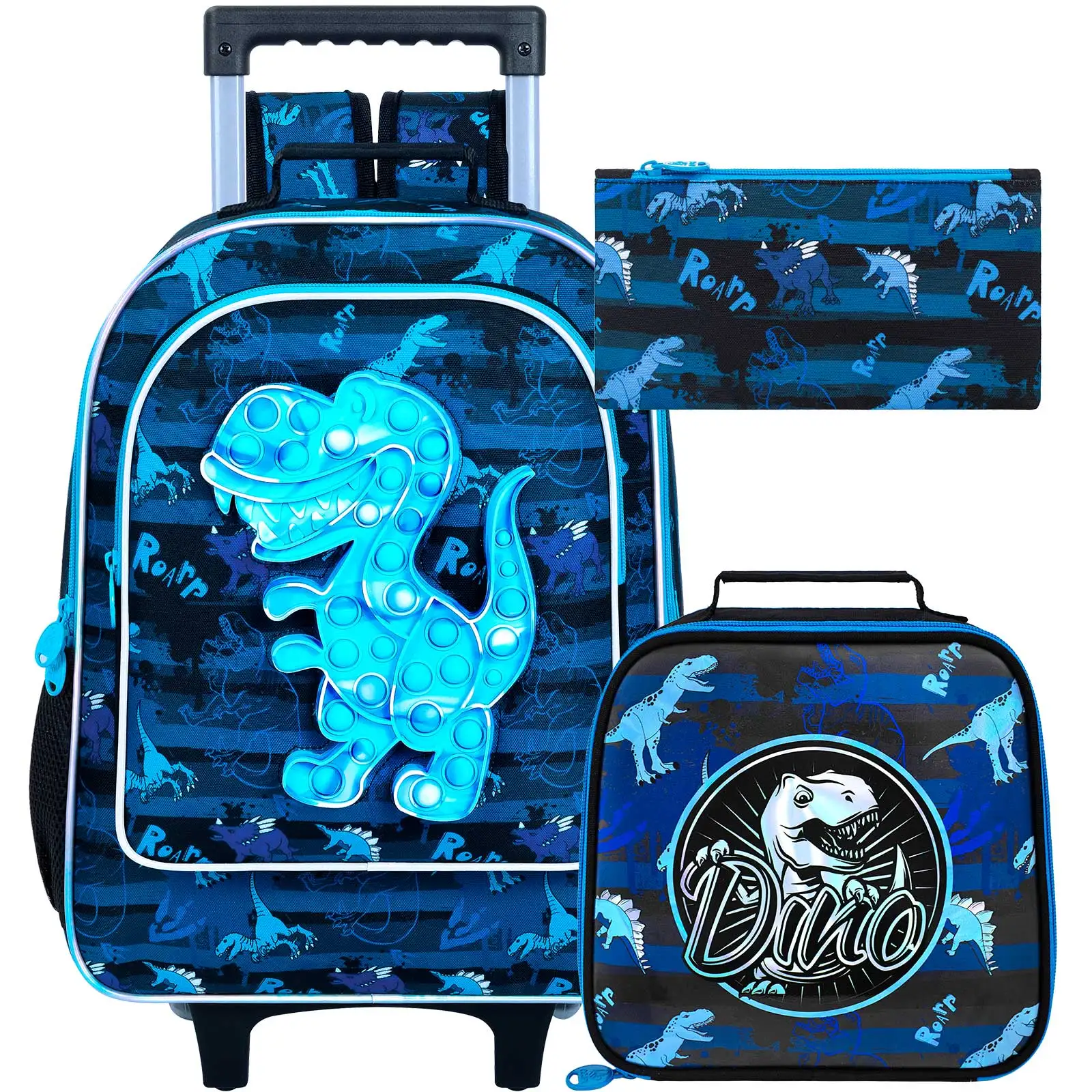 

3PCS Rolling Backpack Boys, Kids Roller Wheels Bookbag, Wheeled School Bag with Lunch Bag - Dinosaur Bule