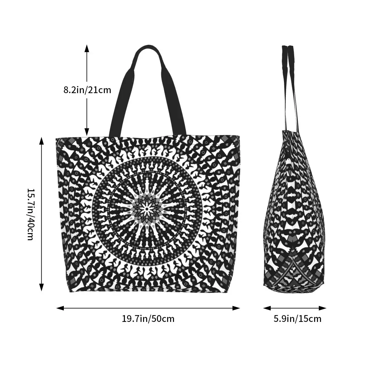 Chess Pieces Mandala Grayscale Chessboard Shopping Tote Bag Canvas Large Capacity Shoulder Bag Shopper Grocery Handbag for Women