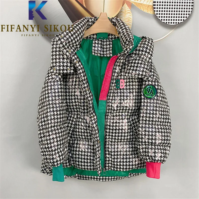 Short Parkas Women Winter Jacket Houndstooth Fashion Spliced Hooded Down Jackets Female High Quality Casual Warm Cotton Coat