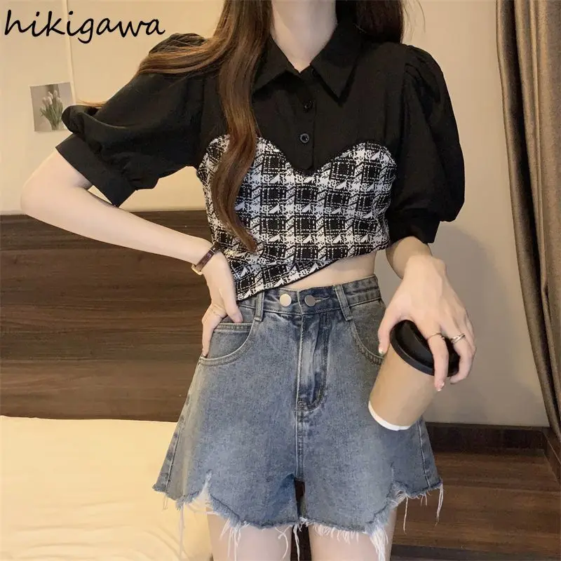 Chic Two Fake Two Shirts for Women Puff Sleeve Tunic Patchwork Plaid Blouses 2024 Blusas Mujer De Moda Vintage Summer Blouse