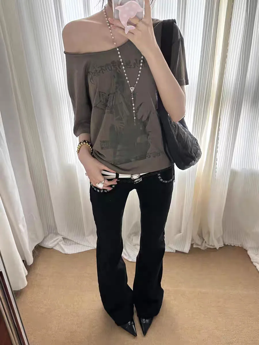 Jean évasé Vintage noir taille basse pour femmes, pantalon en Denim américain rétro Rivet Slim des années 90, bas de cloche Y2k Harajuku Kpop