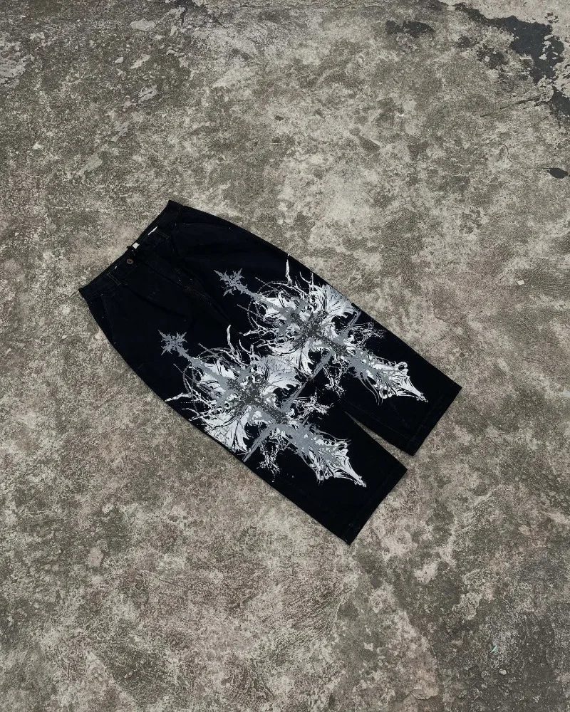 الهيب هوب الأمريكي القوطية الظلام روك فضفاض مستقيم واسعة الساق السراويل الشارع Harajuku رسالة العصرية المتضخم غسل الجينز النساء #2