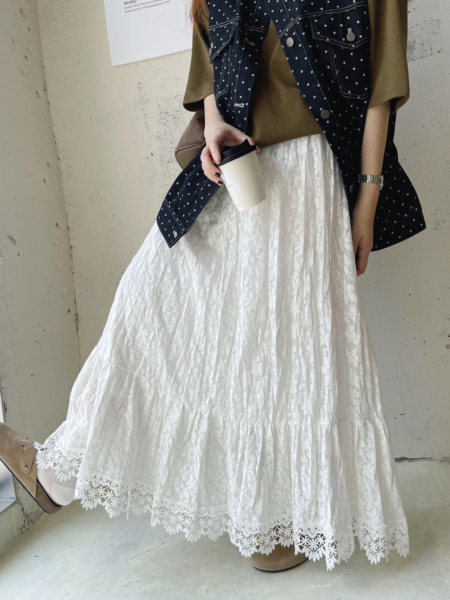 

Белая кружевная юбка с дизайнерскими вставками для женщин, осенняя новинка, корейский стиль, с завышенной талией, А-силуэт