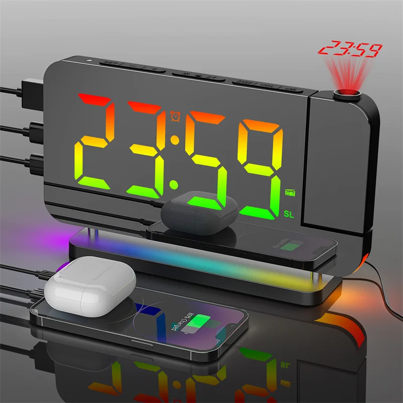 

180° Projection Alarm Clock with RGB Mood Light FM Radio 6 Levels Volume Table Clock 12H/24H 2 USB Output Port LED Digital Clock