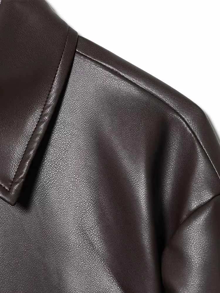 European and American style winter new arrival fashionable and simple women's lapel long-sleeved faux leather jacket with belt